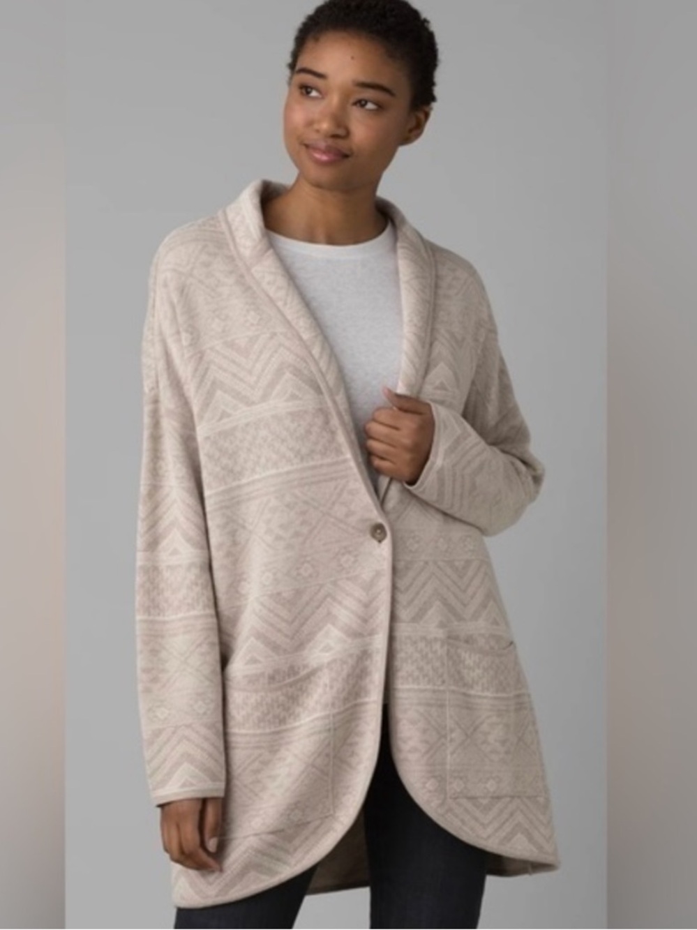 Prana Sevie Cardigan Beige Patterned Shawl Collar wool Cardigan large